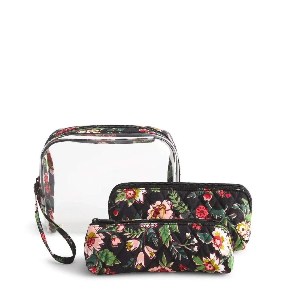 Vera Bradley Hidden Hearts 3 Pc Cosmetic Set Clear Floral Travel Bag NWT
